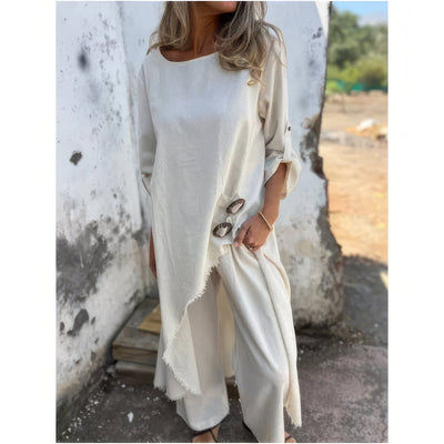 TWO-PIECE SET- ASYMMETRICAL DRESS AND WIDE-LEG PANTS FOR WOMEN