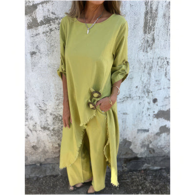 TWO-PIECE SET- ASYMMETRICAL DRESS AND WIDE-LEG PANTS FOR WOMEN
